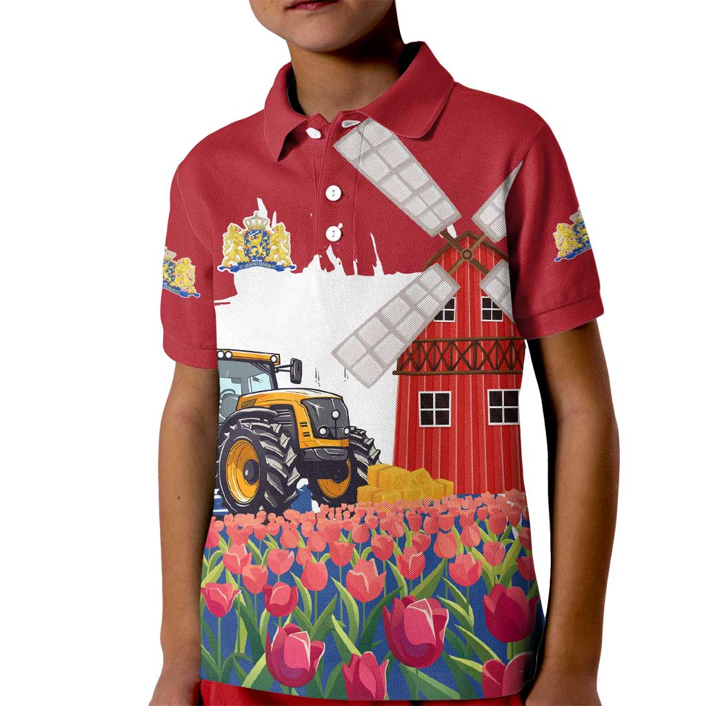 Netherlands Farm Landscape Kid Polo Shirt with Tractor and Tulips