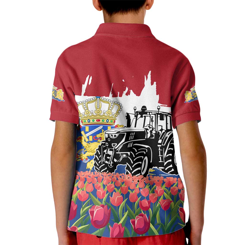 Netherlands Farm Landscape Kid Polo Shirt with Tractor and Tulips