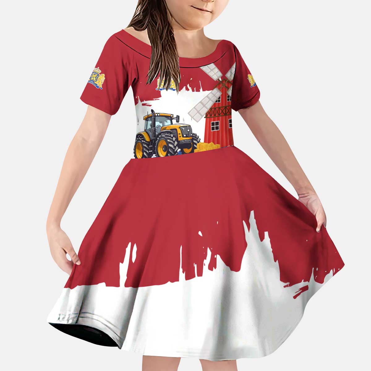 Netherlands Farm Landscape Kid Short Sleeve Dress with Tractor and Tulips