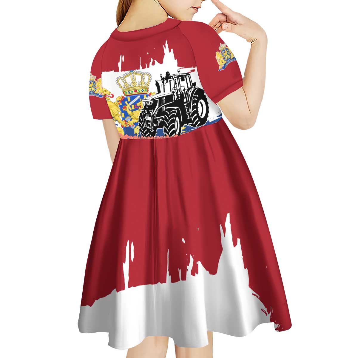 Netherlands Farm Landscape Kid Short Sleeve Dress with Tractor and Tulips