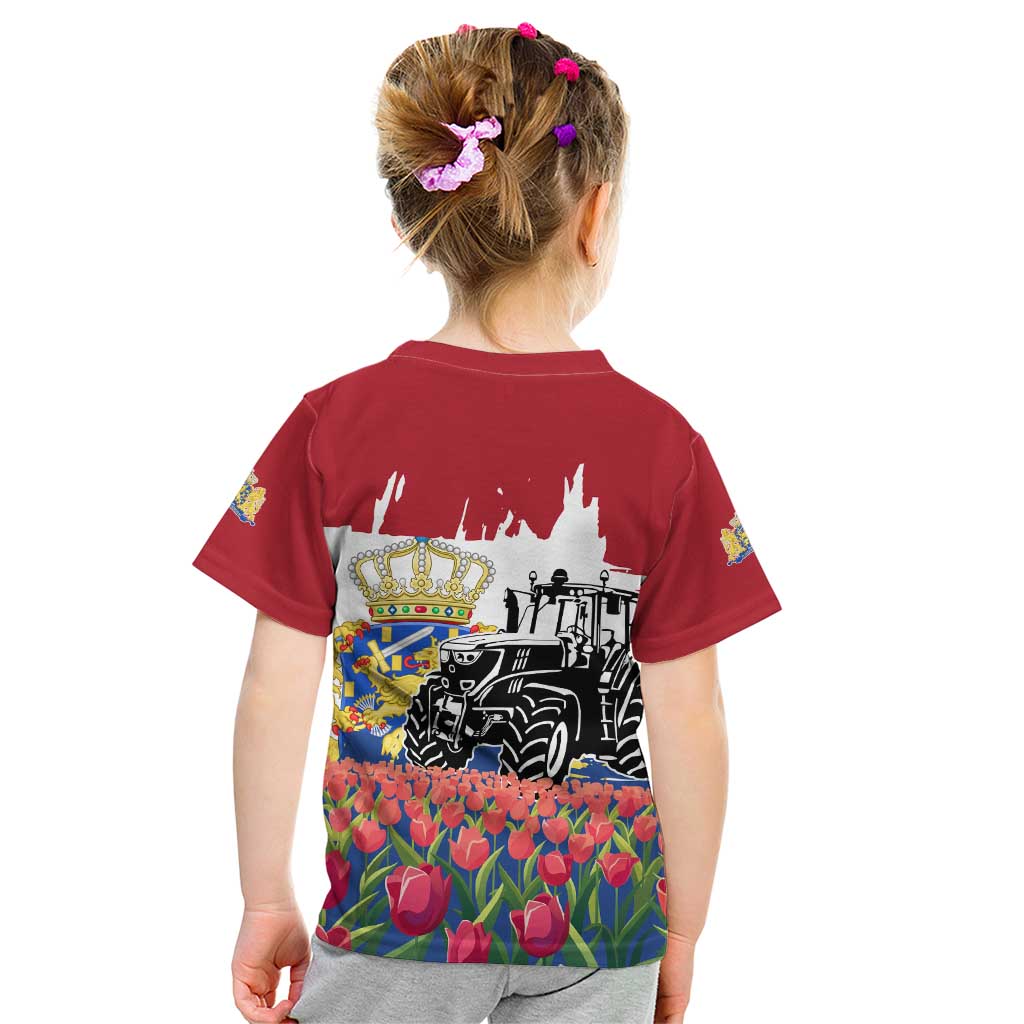 Netherlands Farm Landscape Kid T Shirt with Tractor and Tulips