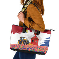 Netherlands Farm Landscape Leather Tote Bag with Tractor and Tulips