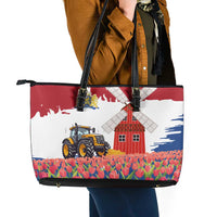 Netherlands Farm Landscape Leather Tote Bag with Tractor and Tulips