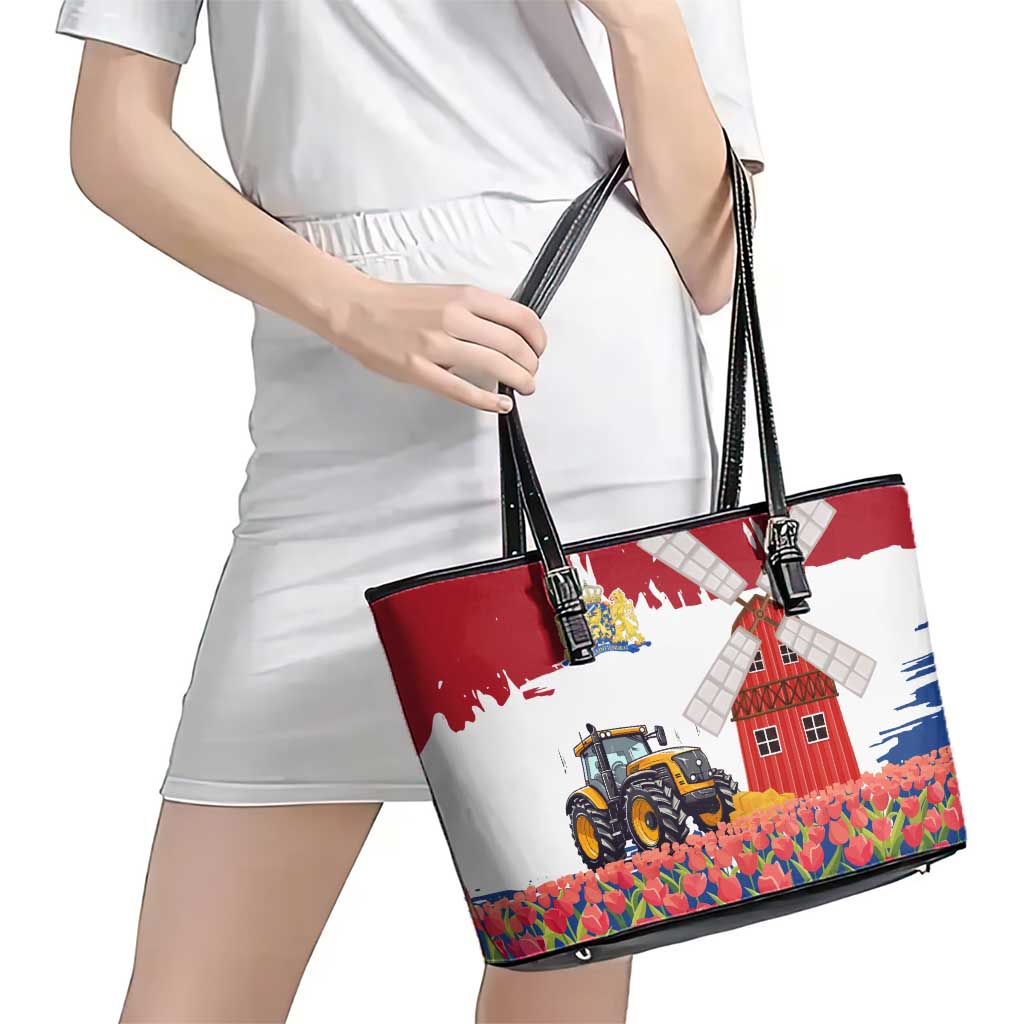 Netherlands Farm Landscape Leather Tote Bag with Tractor and Tulips