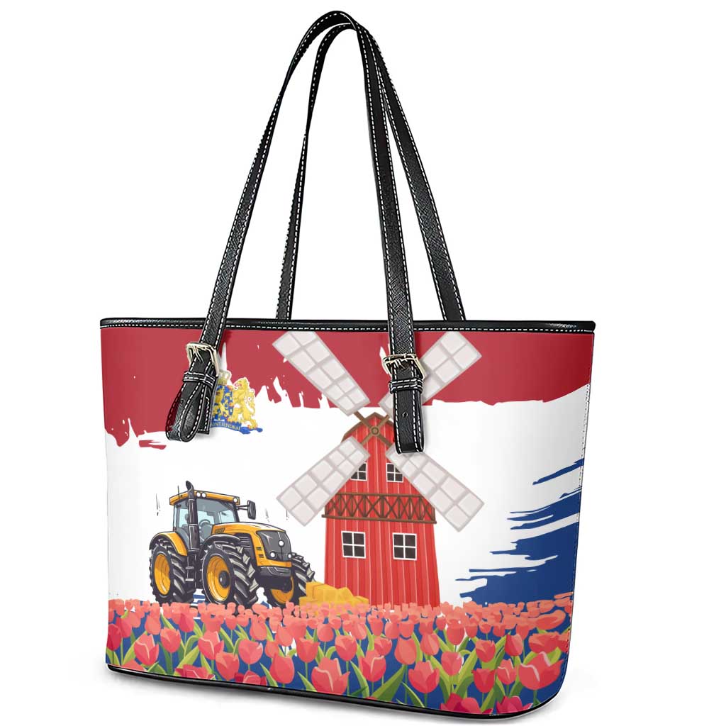 Netherlands Farm Landscape Leather Tote Bag with Tractor and Tulips