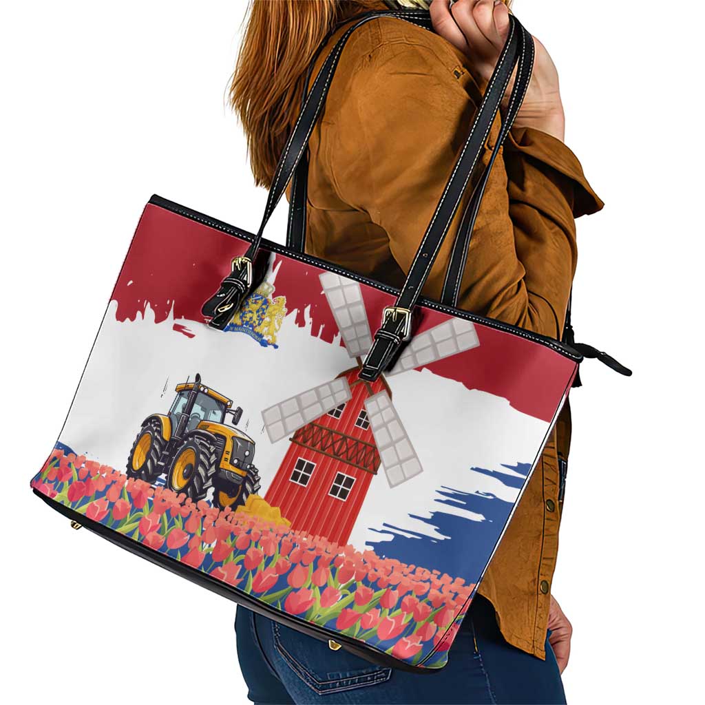 Netherlands Farm Landscape Leather Tote Bag with Tractor and Tulips