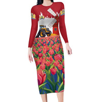 Netherlands Farm Landscape Long Sleeve Bodycon Dress with Tractor and Tulips