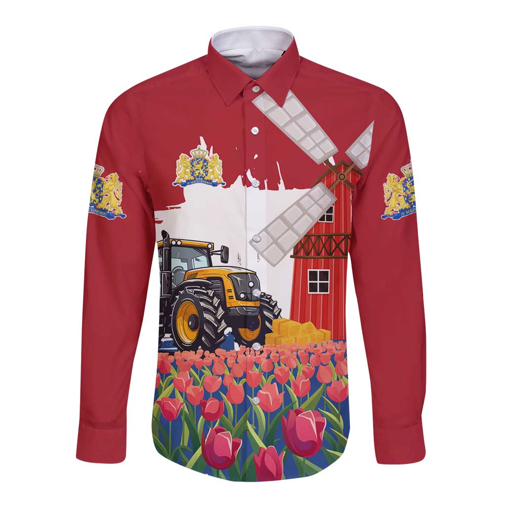 Netherlands Farm Landscape Long Sleeve Button Shirt with Tractor and Tulips