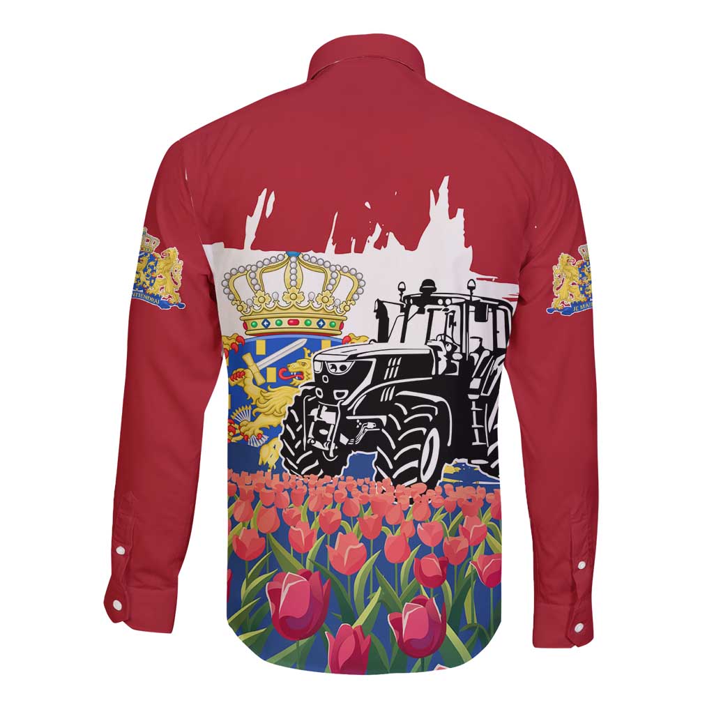 Netherlands Farm Landscape Long Sleeve Button Shirt with Tractor and Tulips