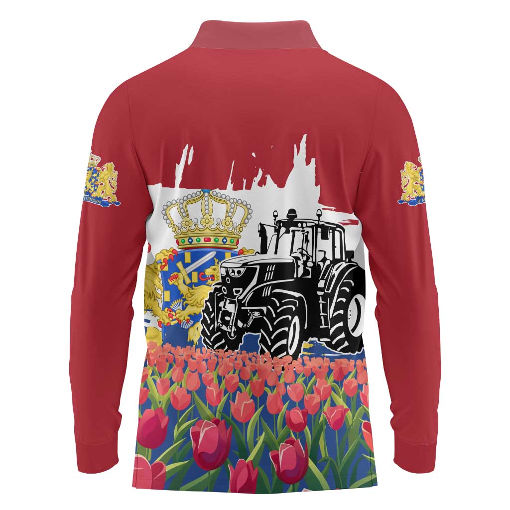 Netherlands Farm Landscape Long Sleeve Polo Shirt with Tractor and Tulips