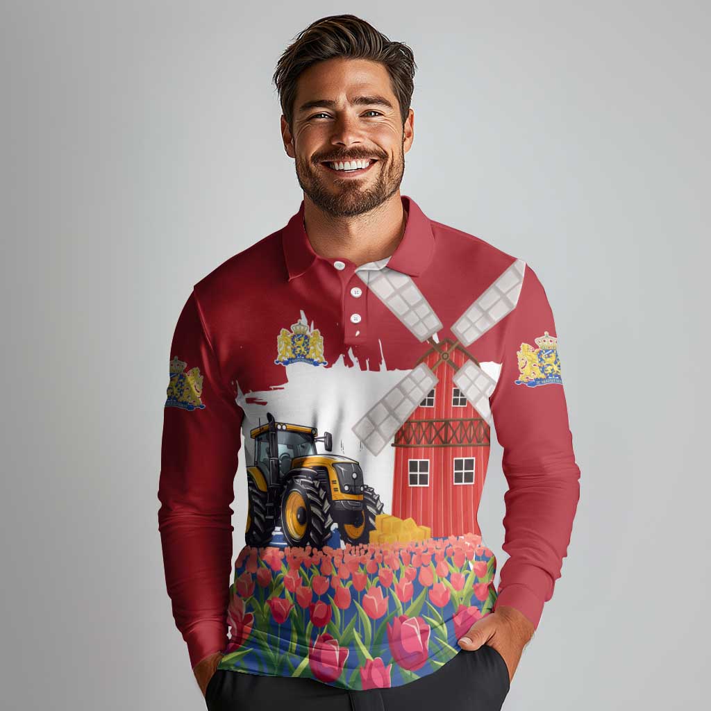 Netherlands Farm Landscape Long Sleeve Polo Shirt with Tractor and Tulips