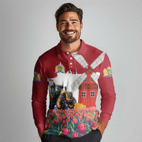 Netherlands Farm Landscape Long Sleeve Polo Shirt with Tractor and Tulips