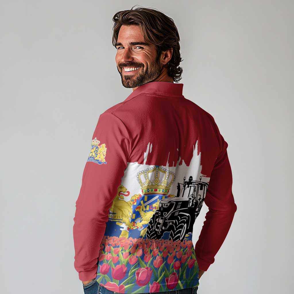 Netherlands Farm Landscape Long Sleeve Polo Shirt with Tractor and Tulips