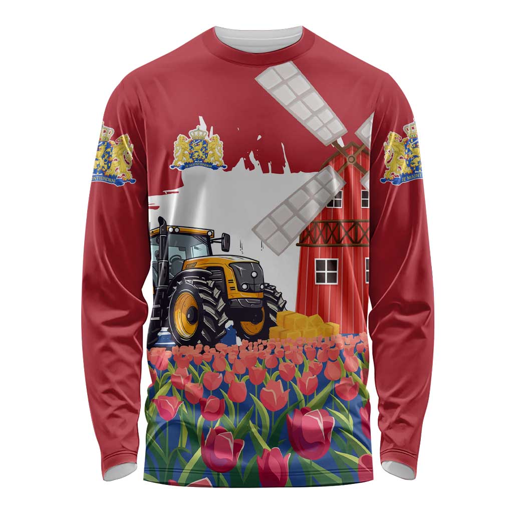 Netherlands Farm Landscape Long Sleeve Shirt with Tractor and Tulips