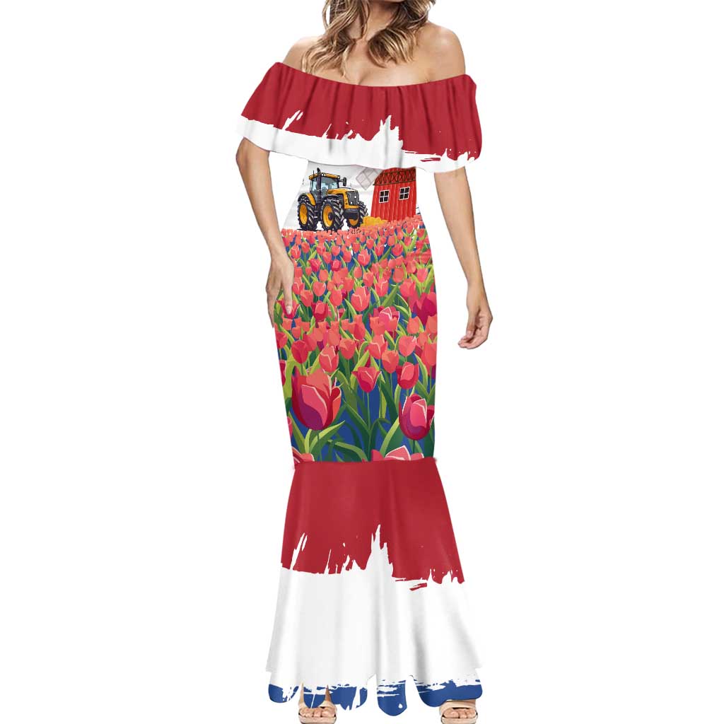 Netherlands Farm Landscape Mermaid Dress with Tractor and Tulips