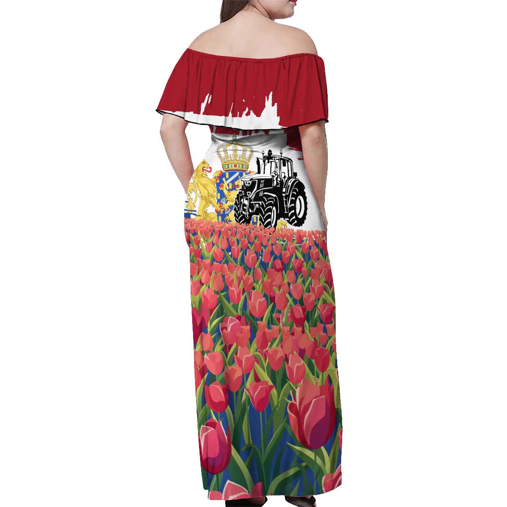 Netherlands Farm Landscape Off Shoulder Maxi Dress with Tractor and Tulips