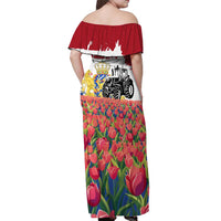 Netherlands Farm Landscape Off Shoulder Maxi Dress with Tractor and Tulips