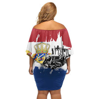 Netherlands Farm Landscape Off Shoulder Short Dress with Tractor and Tulips