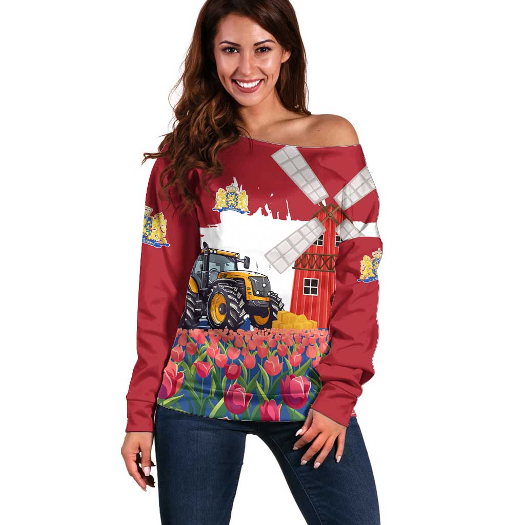 Netherlands Farm Landscape Off Shoulder Sweater with Tractor and Tulips