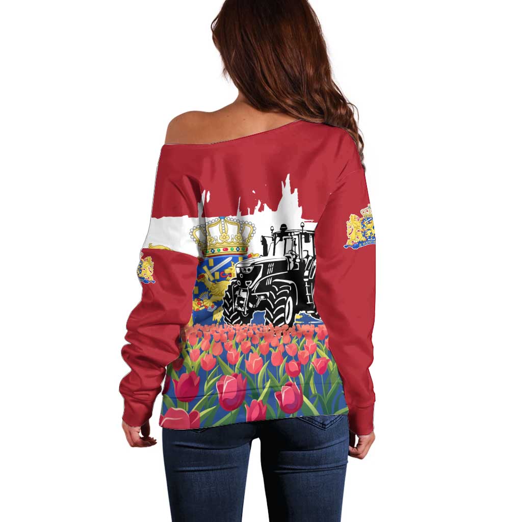 Netherlands Farm Landscape Off Shoulder Sweater with Tractor and Tulips