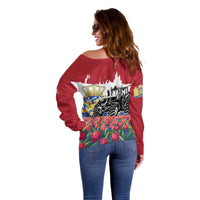 Netherlands Farm Landscape Off Shoulder Sweater with Tractor and Tulips