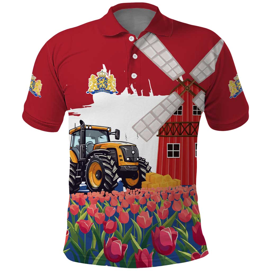 Netherlands Farm Landscape Polo Shirt with Tractor and Tulips