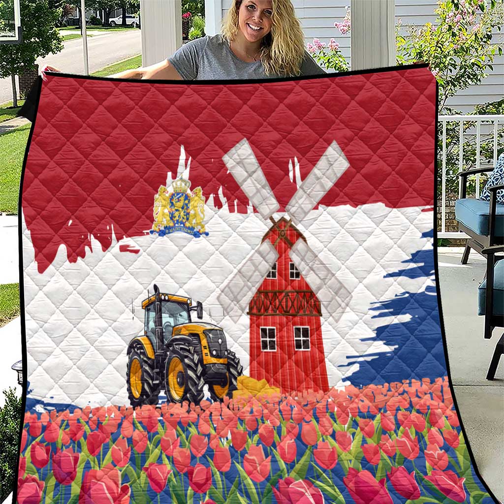 Netherlands Farm Landscape Quilt with Tractor and Tulips