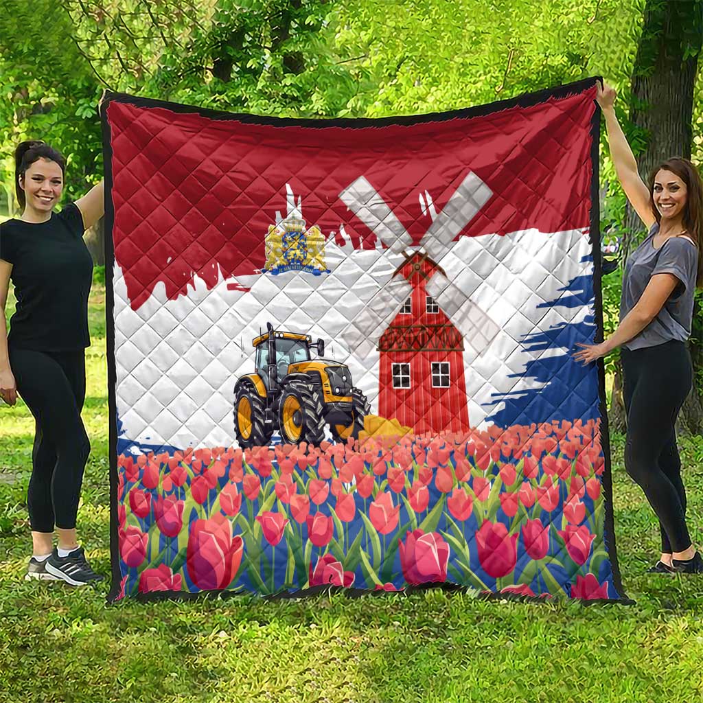 Netherlands Farm Landscape Quilt with Tractor and Tulips