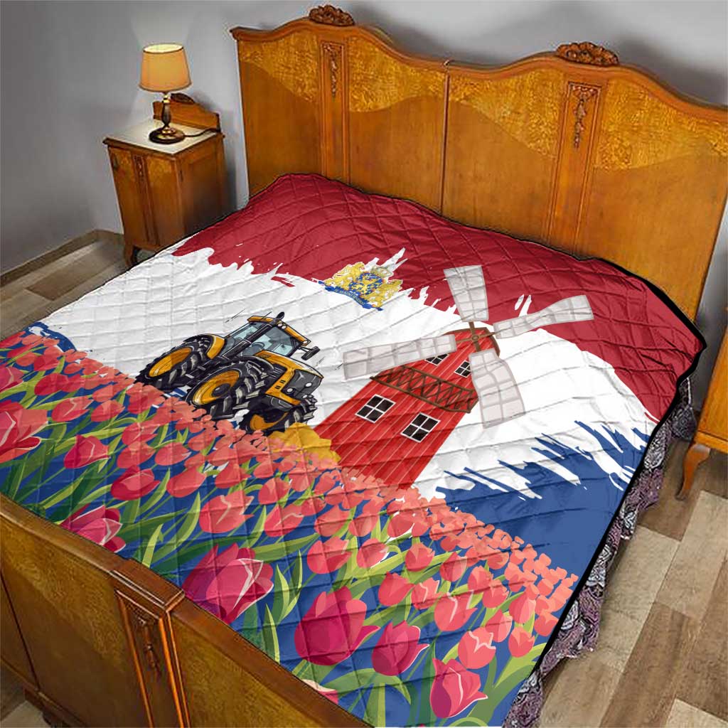 Netherlands Farm Landscape Quilt with Tractor and Tulips
