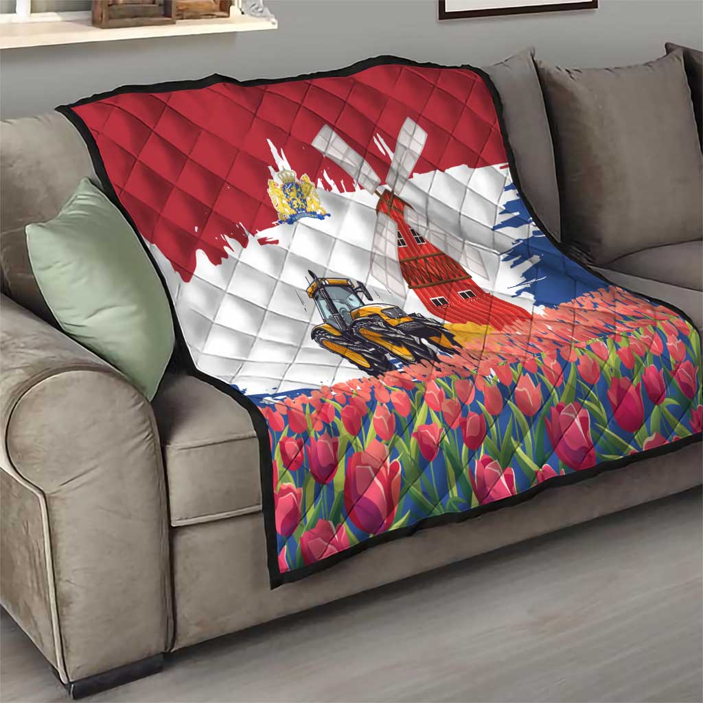 Netherlands Farm Landscape Quilt with Tractor and Tulips