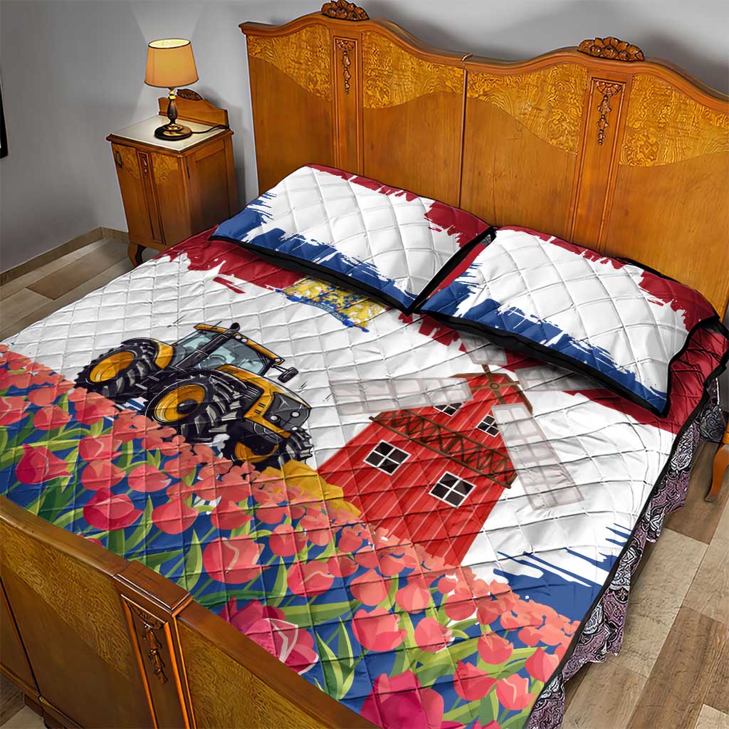 Netherlands Farm Landscape Quilt Bed Set with Tractor and Tulips