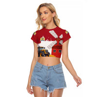 Netherlands Farm Landscape Raglan Cropped T Shirt with Tractor and Tulips