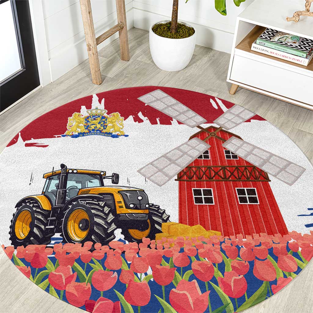 Netherlands Farm Landscape Round Carpet with Tractor and Tulips