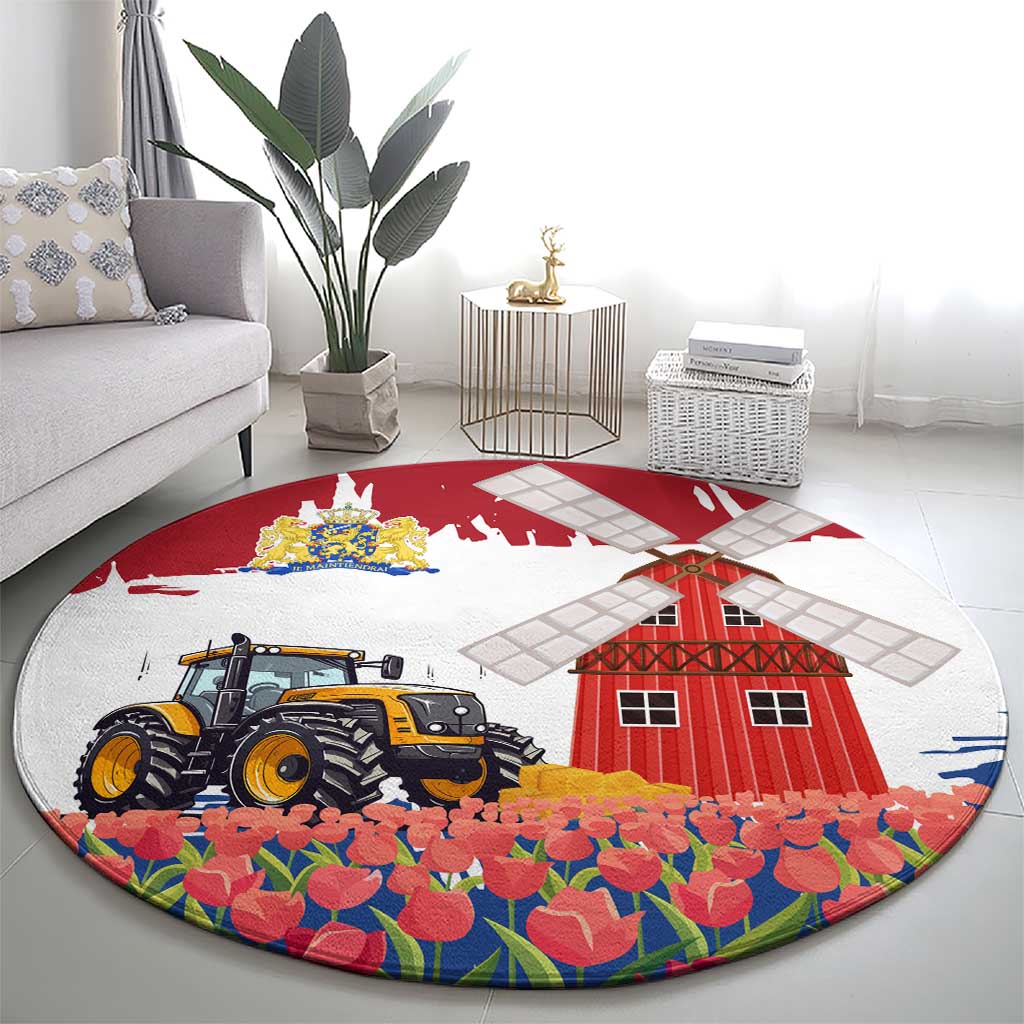 Netherlands Farm Landscape Round Carpet with Tractor and Tulips