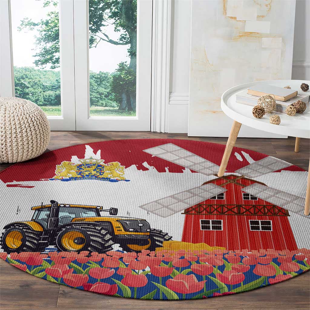 Netherlands Farm Landscape Round Carpet with Tractor and Tulips