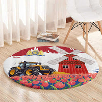 Netherlands Farm Landscape Round Carpet with Tractor and Tulips