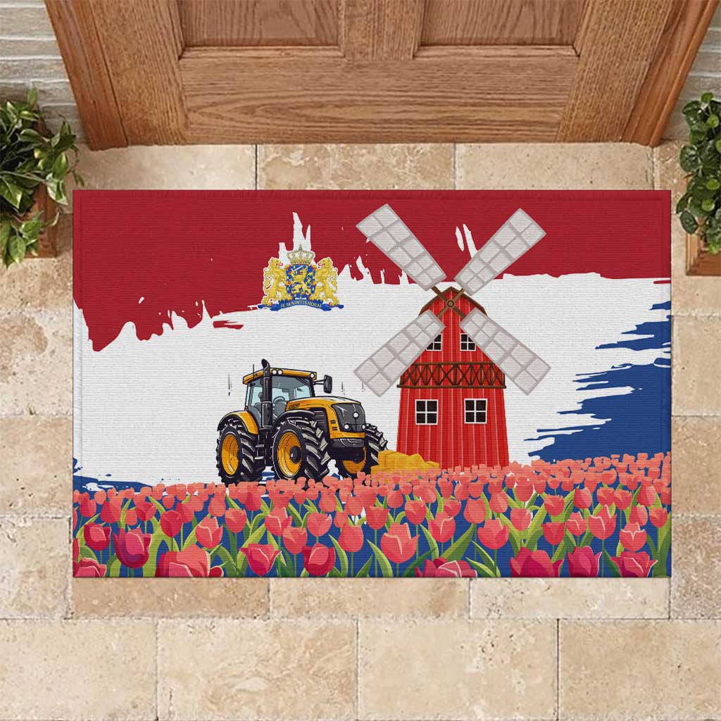 Netherlands Farm Landscape Rubber Doormat with Tractor and Tulips