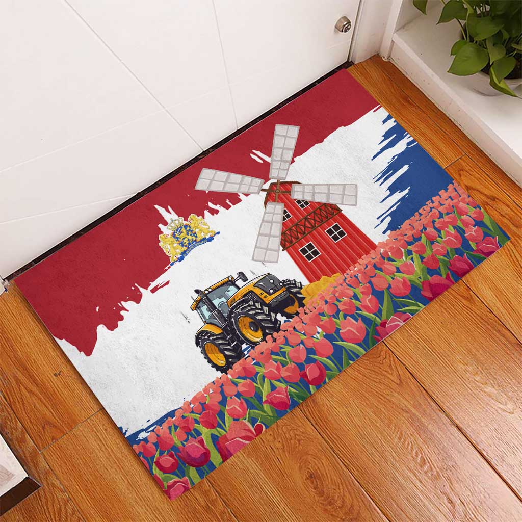 Netherlands Farm Landscape Rubber Doormat with Tractor and Tulips
