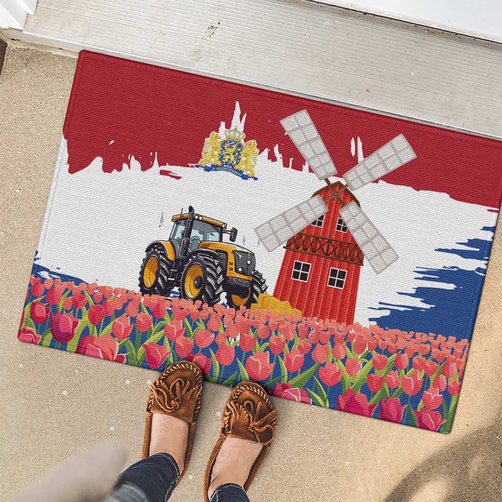Netherlands Farm Landscape Rubber Doormat with Tractor and Tulips
