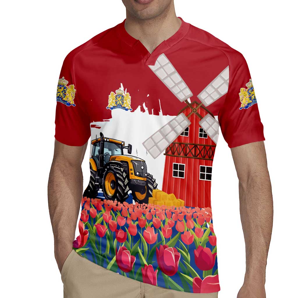 Netherlands Farm Landscape Rugby Jersey with Tractor and Tulips