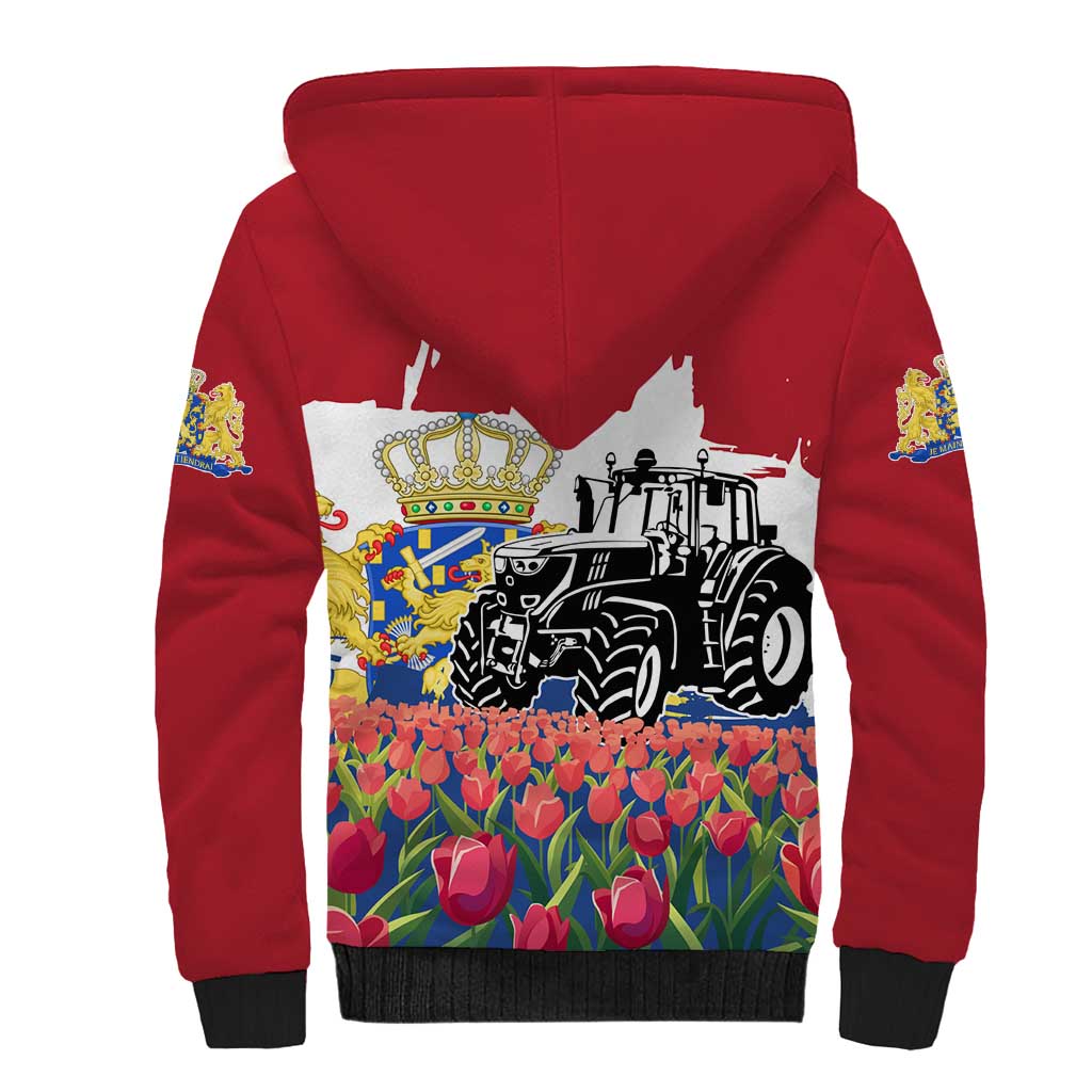Netherlands Farm Landscape Sherpa Hoodie with Tractor and Tulips