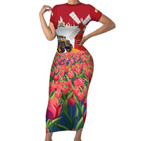 Netherlands Farm Landscape Short Sleeve Bodycon Dress with Tractor and Tulips