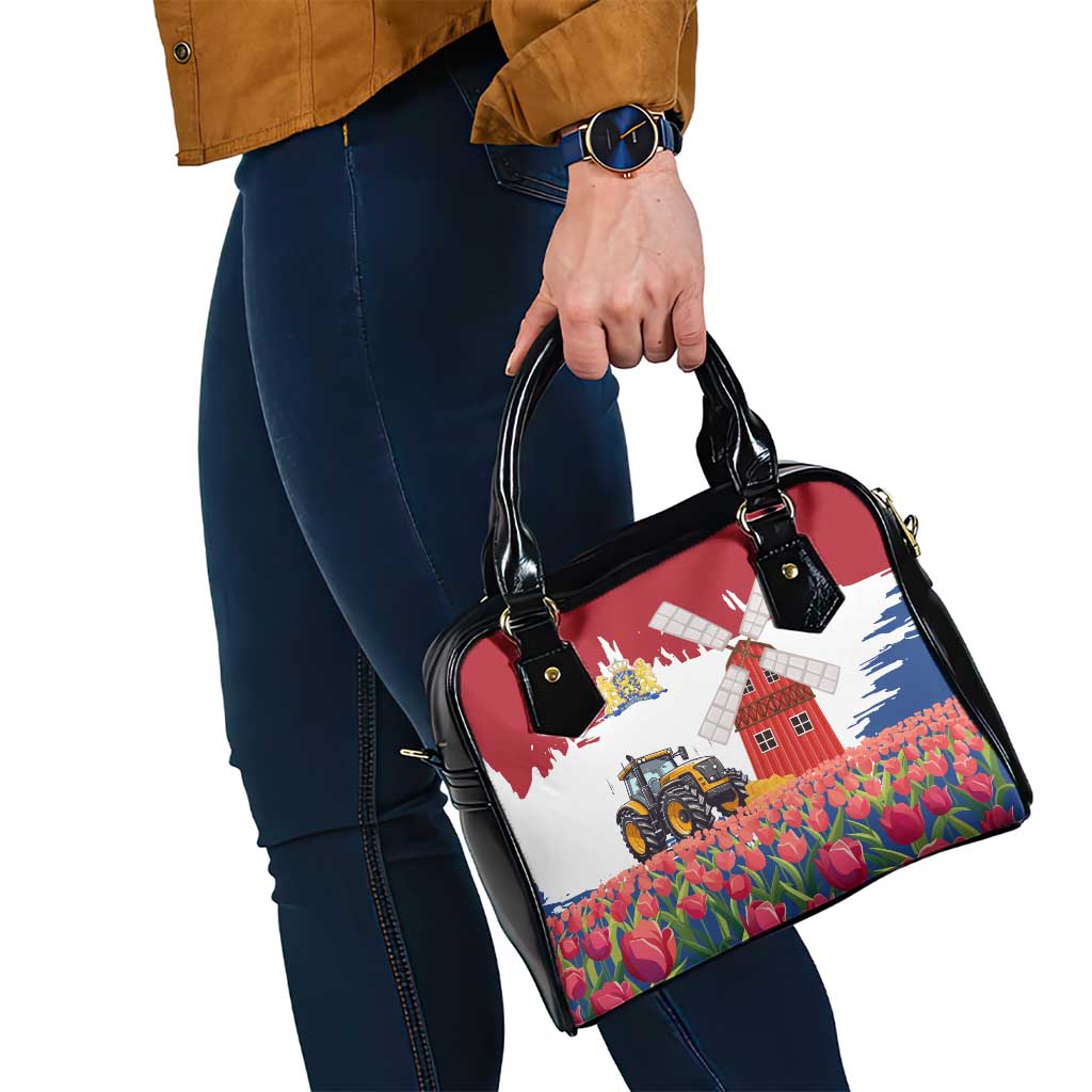 Netherlands Farm Landscape Shoulder Handbag with Tractor and Tulips