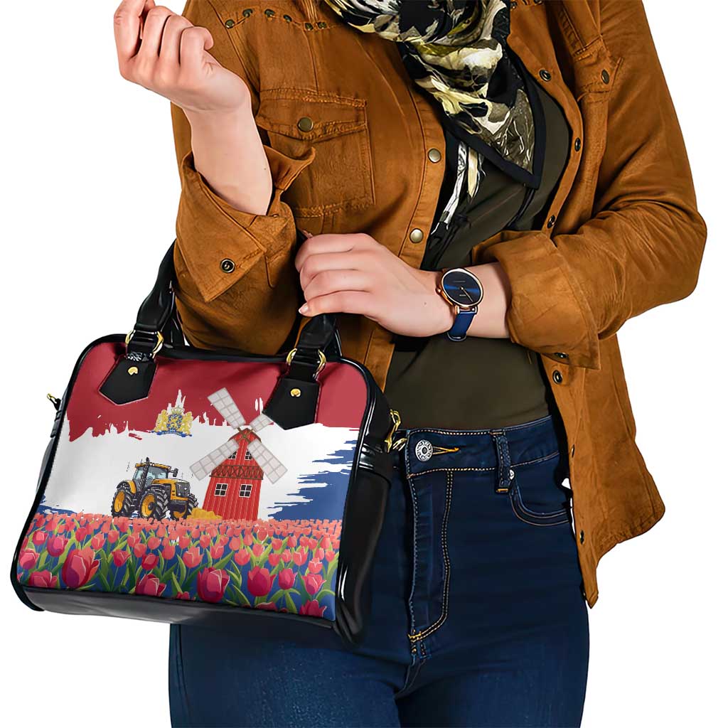 Netherlands Farm Landscape Shoulder Handbag with Tractor and Tulips