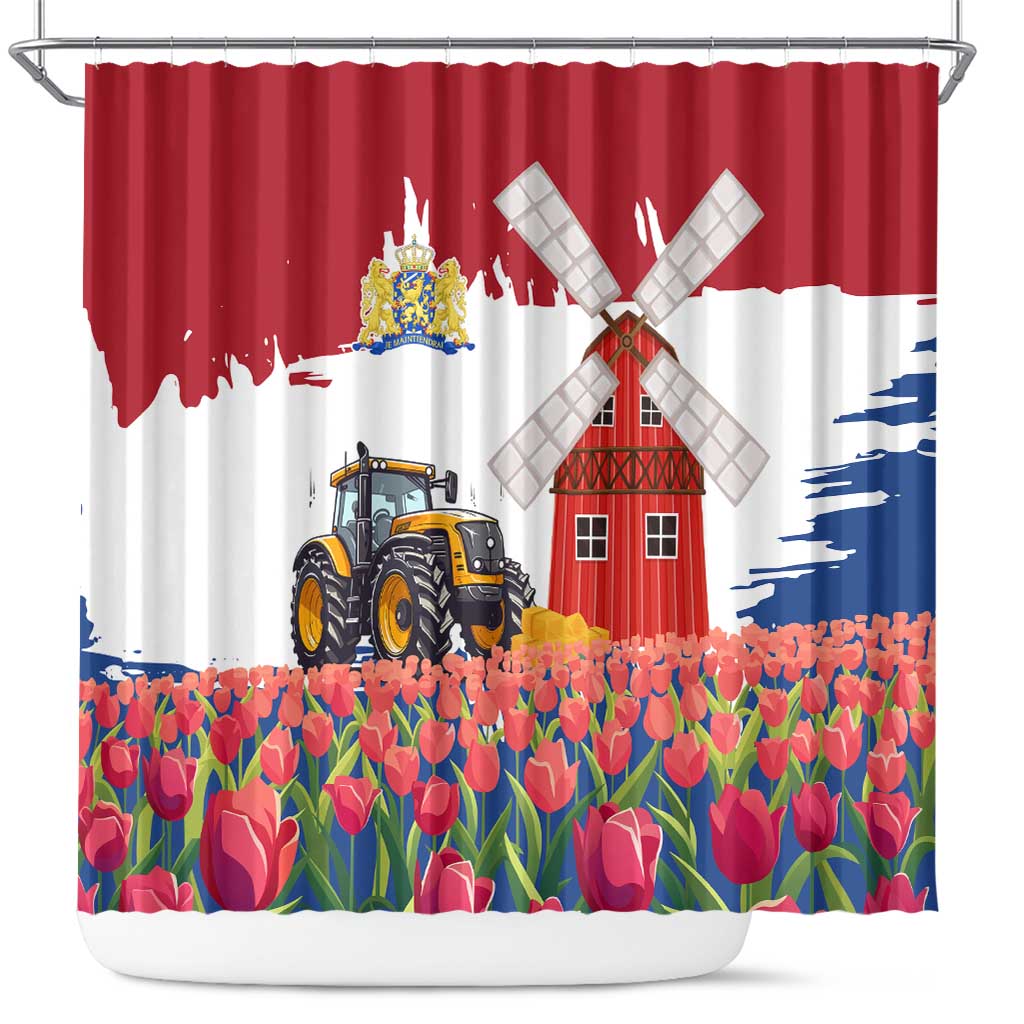 Netherlands Farm Landscape Shower Curtain with Tractor and Tulips