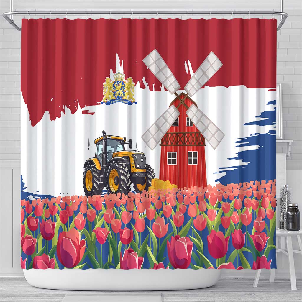 Netherlands Farm Landscape Shower Curtain with Tractor and Tulips