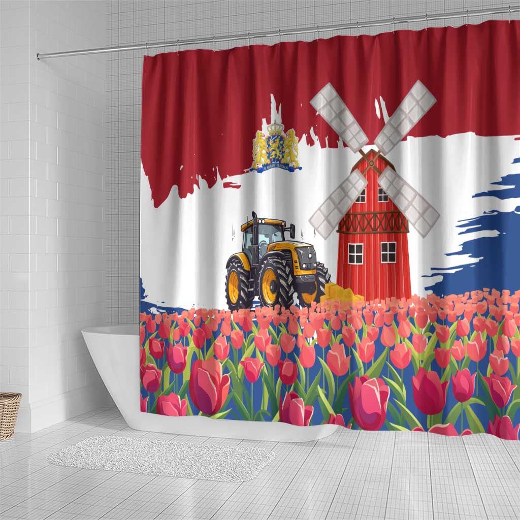 Netherlands Farm Landscape Shower Curtain with Tractor and Tulips