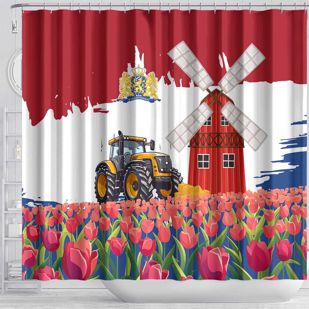 Netherlands Farm Landscape Shower Curtain with Tractor and Tulips