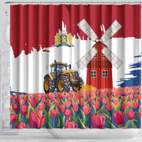 Netherlands Farm Landscape Shower Curtain with Tractor and Tulips