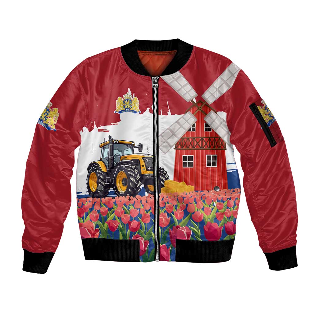 Netherlands Farm Landscape Sleeve Zip Bomber Jacket with Tractor and Tulips